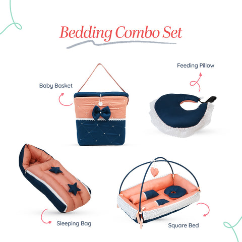 Adorables Baby Square Bedding Combo Set 4 in 1 | Turquoise Blue & Peach | Star Bow, Pearls & Lace Design | Cotton & Recron | Includes Square Bed, Sleeping Bag, Basket (L), and Feeding Pillow.