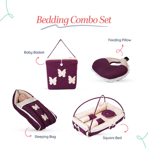 Adorables Baby Square Bedding Combo Set 4 in 1 | Purple & Beige | Butterfly Embroidery, Lace Design | Cotton & Recron | With Square Bed, Sleeping Bag, Basket (L) & Feeding Pillow