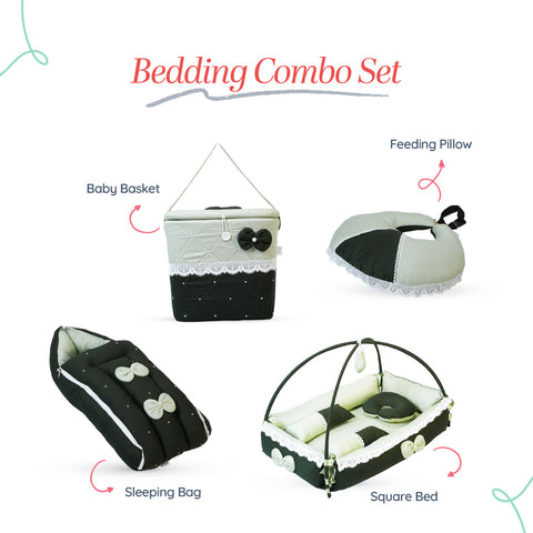 Adorables Baby Square Bedding Combo Set 4 in 1 | Light Green & Dark Green | Bow, Pearls & Lace Design | Cotton & Recron | Includes Square Bed, Sleeping Bag, Basket (L), and Feeding Pillow