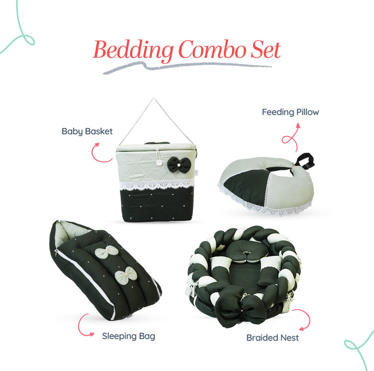Adorables Baby Braided Bedding Combo Set 4 in 1 | Light Green & Dark Green | Braided Nest, Bow & Lace Design | Cotton & Recron | Includes Baby Nest, Sleeping Bag, Basket (L) & Feeding Pillow.