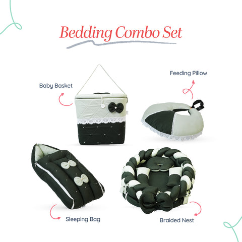 Adorables Baby Braided Bedding Combo Set 4 in 1 | Light Green & Dark Green | Braided Nest, Bow & Lace Design | Cotton & Recron | Includes Baby Nest, Sleeping Bag, Basket (L) & Feeding Pillow.