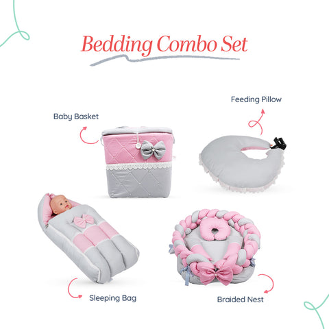 Adorables Baby Braided Bedding Combo Set 4 in 1 | Grey & Pink | Braided Nest, Lace & Pearl Detailing | Cotton & Recron | Includes Baby Nest, Sleeping Bag, Basket (L) & Feeding Pillow