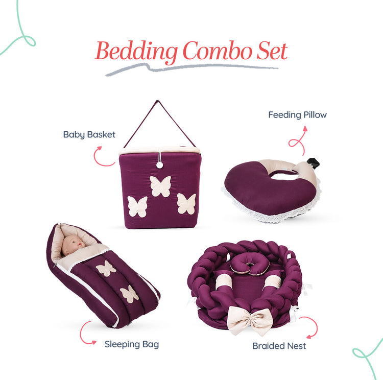 Adorables Baby Braided Bedding Combo Set 4 in 1 | Purple & Beige | Butterfly Embroidery, Lace Design | Cotton & Recron | Includes Braided Nest, Sleeping Bag, Basket (L), and Feeding Pillow