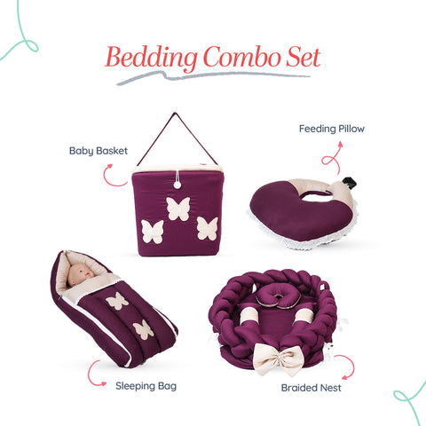 Adorables Baby Braided Bedding Combo Set 4 in 1 | Purple & Beige | Butterfly Embroidery, Lace Design | Cotton & Recron | Includes Braided Nest, Sleeping Bag, Basket (L), and Feeding Pillow