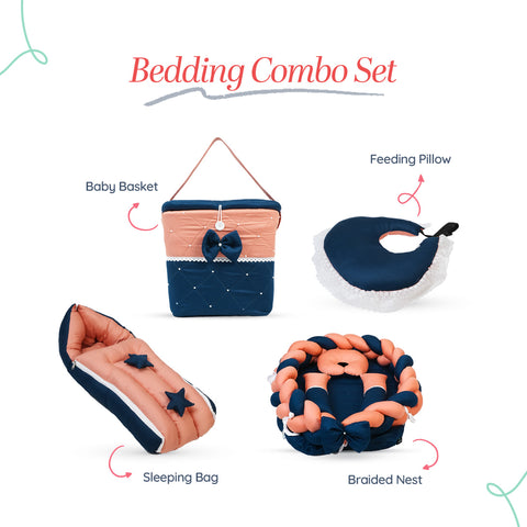 Adorables Baby Braided Bedding Combo Set 4 in 1 | Turquoise Blue & Peach | Star Bow, Pearls & Lace Design | Cotton & Recron | Includes Braided Nest, Sleeping Bag, Basket (L), and Feeding Pillow