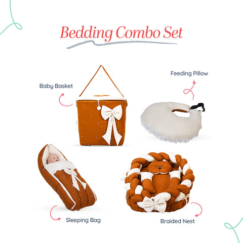 Adorables Baby Braided Bedding Combo Set 4 in 1 | Coffee & Off White | Braided Nest, Bow & Pearl Work | Cotton & Recron | Includes Baby Nest, Sleeping Bag, Basket (L) & Feeding Pillow