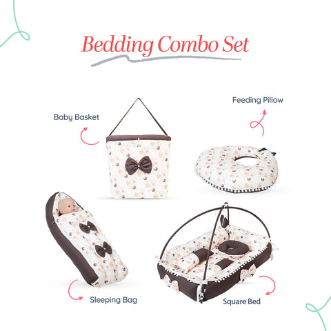 Adorables Baby Square Bedding Combo Set 4 in 1 | Coffee & White | Heart Print, Bow & Lace Design | Cotton & Recron | Includes Square Bed, Baby Holder, Basket (L), and Feeding Pillow.