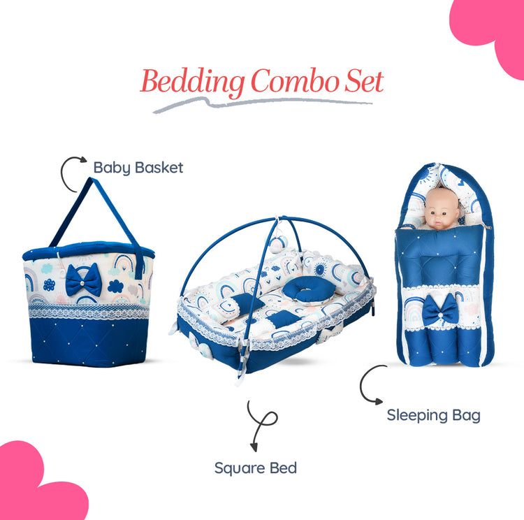 Adorables Baby Square Bedding Combo Set 3 in 1 | Royal Blue & White | Rainbow Print, Bow & Lace | Cotton & Recron | With Square Bed, Basket (L) & Baby Holder