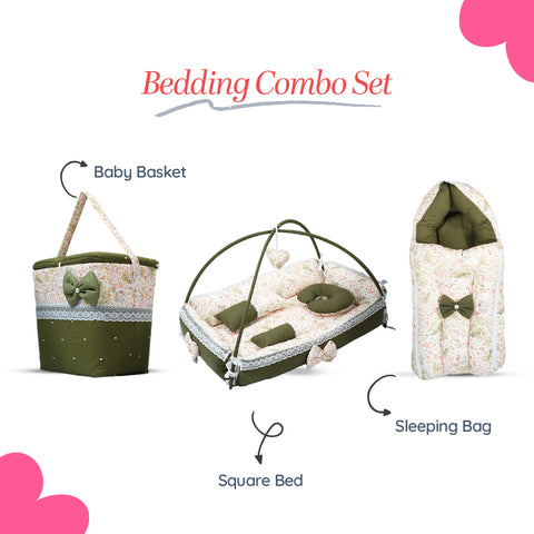 Adorables Baby Square Bedding Combo Set 3 in 1 | Olive Green & Off White | Leaf Print, Bow Work & Lace Design | Cotton & Recron | With Square Bed, Basket (L) & Baby Holder