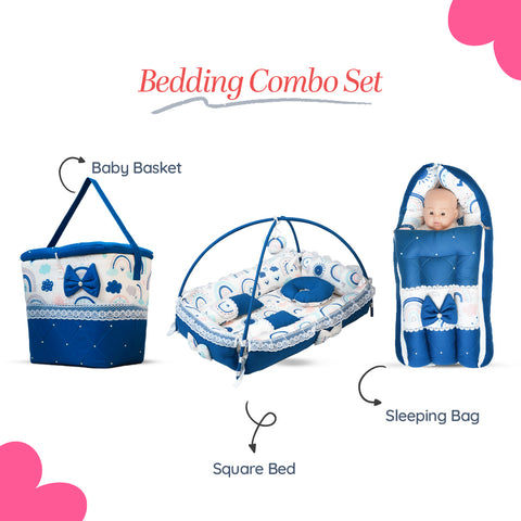 Adorables Baby Square Bedding Combo Set 3 in 1 | Royal Blue & White | Rainbow Print, Bow & Lace | Cotton & Recron | With Square Bed, Basket (L) & Baby Holder