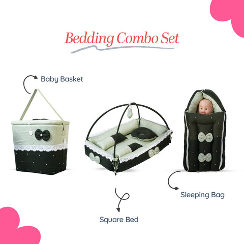 Adorables Baby Square Bedding Combo Set 3 in 1 | Light Green & Dark Green | Bow, Pearls & Lace Design | Cotton & Recron | Includes Square Bed, Sleeping Bag & Storage Basket