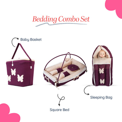 Adorables Baby Square Bedding Combo Set 3 in 1 | Purple & Beige | Butterfly Embroidery & Lace Design | Cotton & Recron | With Square Bed, Basket (L) & Sleeping Bag