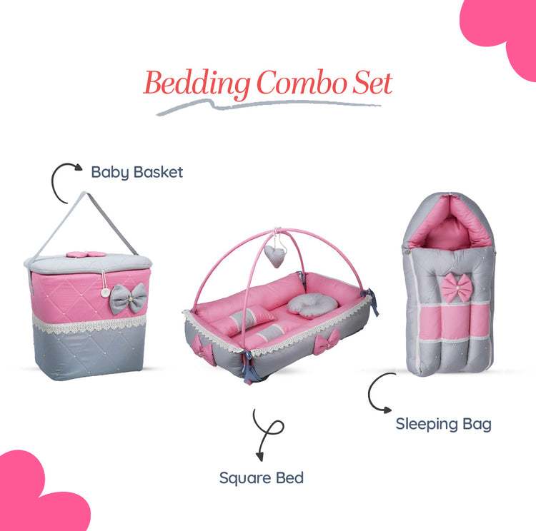 Adorables Baby Square Bedding Combo Set 3 in 1 | Grey & Pink | Bow, Pearls & Lace Design | Cotton & Recron | Includes Square Bed, Sleeping Bag & Storage Basket.