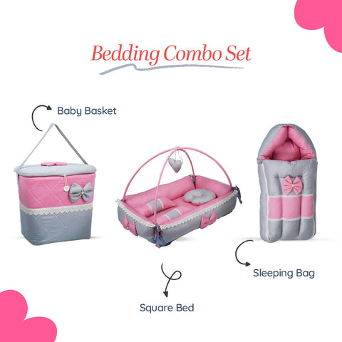 Adorables Baby Square Bedding Combo Set 3 in 1 | Grey & Pink | Bow, Pearls & Lace Design | Cotton & Recron | Includes Square Bed, Sleeping Bag & Storage Basket.