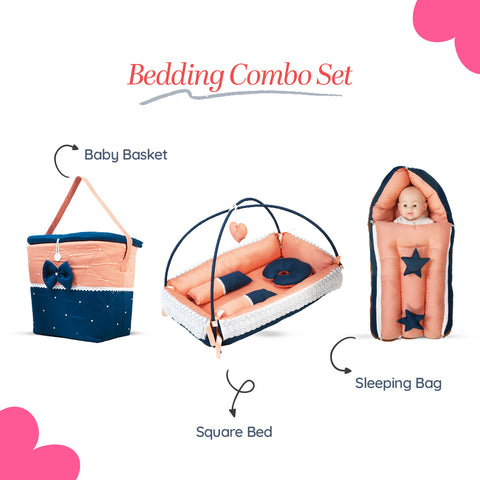 Adorables Baby Square Bedding Combo Set 3 in 1 | Turquoise Blue & Peach | Star Bow, Pearls & Lace Design | Cotton & Recron | Includes Square Bed, Sleeping Bag & Storage Basket