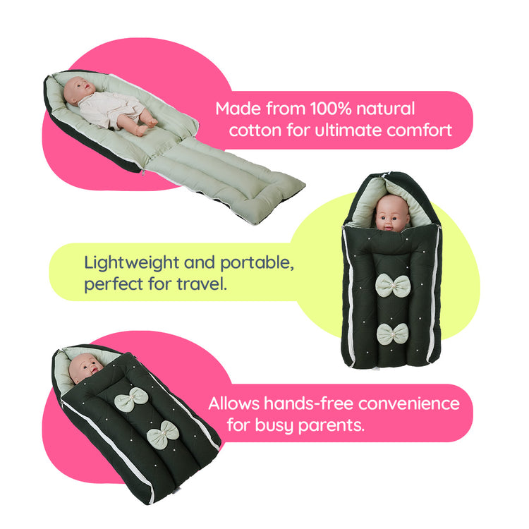 Adorables Baby Sleeping Bag – Light Green & Dark Green | Bow & Pearls Work | Soft Cotton & Recron