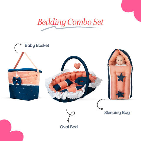 Adorables Baby Oval Bedding Combo Set 3 in 1 | Turquoise Blue & Peach | Lace, Bow & Pearl Detailing | Cotton & Recron | Includes Oval Bed, Sleeping Bag & Storage Basket