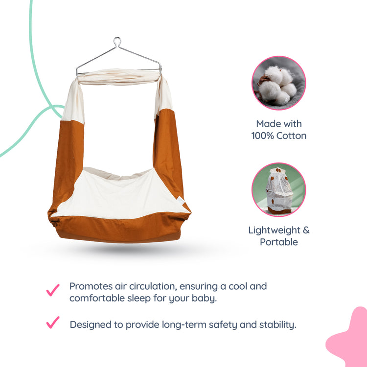 Adorables Bed Cradle | Coffee & Off White | Cotton with Recron | Flower Embroidery | Includes Star Hangings and Removable Net