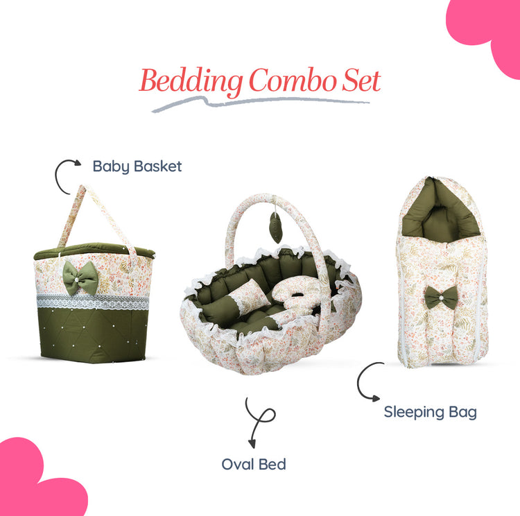 Adorables Baby Oval Bedding Combo Set 3 in 1 | Olive Green & Off White | Leaf Print, Lace & Bow Detailing | Cotton & Recron | Includes Oval Bed, Sleeping Holder & Storage Basket