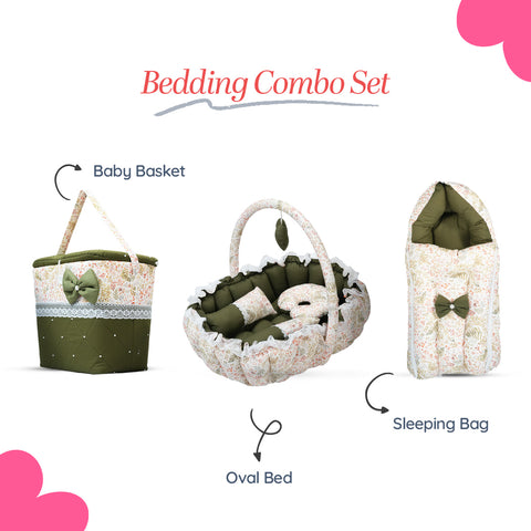Adorables Baby Oval Bedding Combo Set 3 in 1 | Olive Green & Off White | Leaf Print, Lace & Bow Detailing | Cotton & Recron | Includes Oval Bed, Sleeping Holder & Storage Basket
