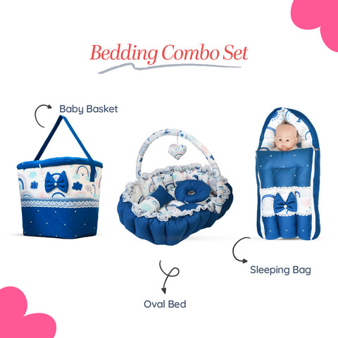 Adorables Baby Oval Bedding Combo Set 3 in 1 | Royal Blue & White | Rainbow Print, Lace, Bow and Pearl Design | Cotton and Recron | With Oval Bed, Basket (Large) and Baby Holder