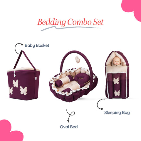 Adorables Baby Oval Bedding Combo Set 3 in 1 | Purple & Beige | Butterfly Embroidery, Lace Design | Cotton and Recron | With Oval Bed, Basket (Large) and Sleeping Bag