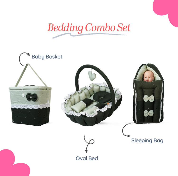 Adorables Baby Oval Bedding Combo Set 3 in 1 | Light Green & Dark Green | Lace & Pearl Detailing | Cotton and Recron | With Oval Bed, Basket (Large) and Sleeping Bag