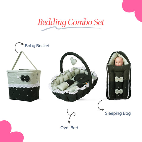 Adorables Baby Oval Bedding Combo Set 3 in 1 | Light Green & Dark Green | Lace & Pearl Detailing | Cotton and Recron | With Oval Bed, Basket (Large) and Sleeping Bag