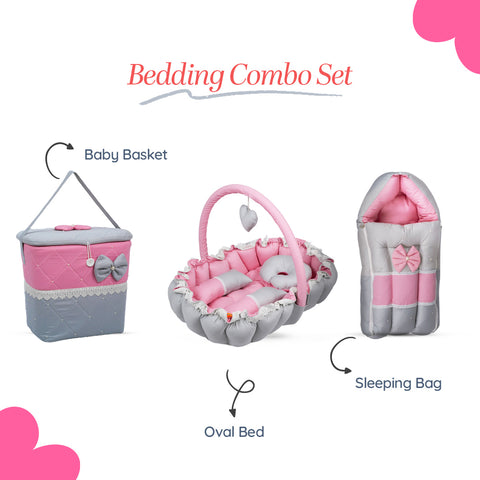 Adorables Baby Oval Bedding Combo Set 3 in 1 | Grey & Pink | Lace & Pearl Detailing | Cotton and Recron | With Oval Bed, Basket (Large) and Sleeping Bag