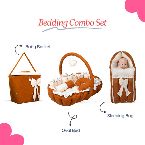 Adorables Baby Oval Bedding Combo Set 3 in 1 | Coffee & Off White | Lace, Bow & Pearl Accents | Cotton & Recron | Includes Oval Bed, Sleeping Bag & Storage Basket