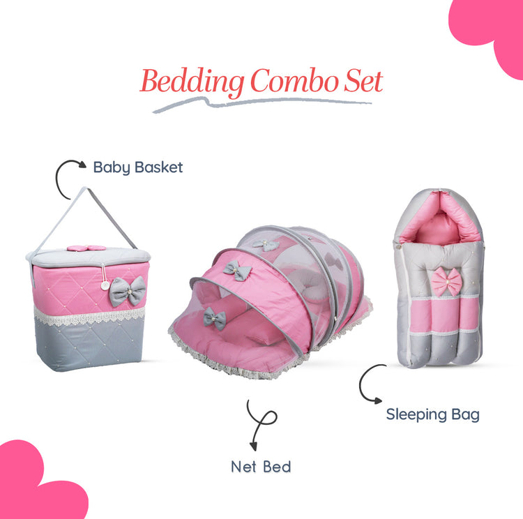 Adorables Baby Hospital Bedding Combo Set 3 in 1 | Grey & Pink | Lace & Bow Detailing | Cotton and Recron | With Hospital Bed, Basket (Large) and Sleeping Bag