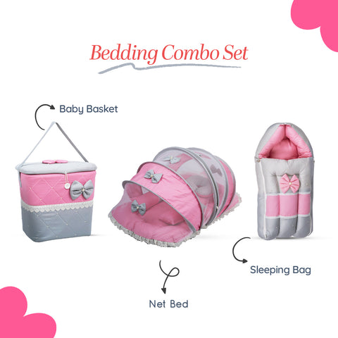 Adorables Baby Hospital Bedding Combo Set 3 in 1 | Grey & Pink | Lace & Bow Detailing | Cotton and Recron | With Hospital Bed, Basket (Large) and Sleeping Bag