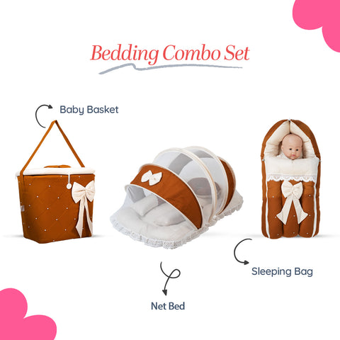 Adorables Baby Hospital Bedding Combo Set 3 in 1 | Coffee & Off White | Lace & Bow Detailing | Cotton and Recron | With Hospital Bed, Basket (Large) and Sleeping Bag