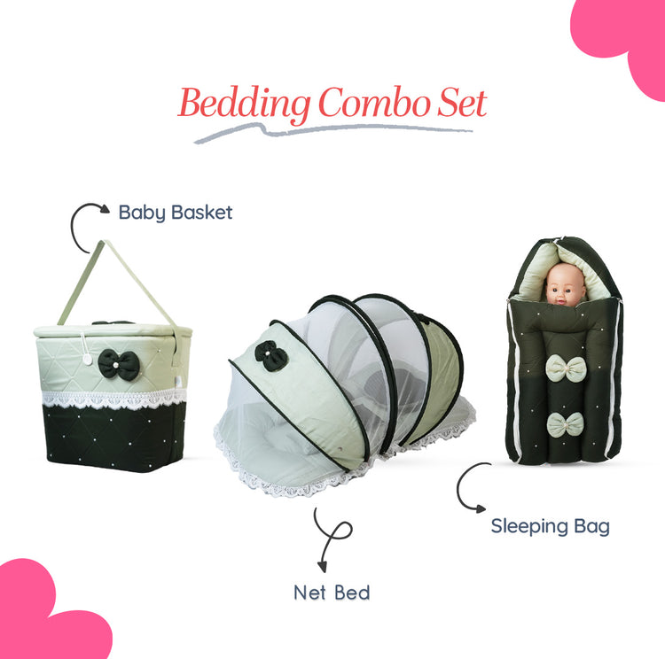 Adorables Baby Hospital Bedding Combo Set 3 in 1 | Light Green & Dark Green | Bow, Pearls & Lace Design | Cotton & Recron | Hospital Bed, Sleeping Bag & Basket (Large)