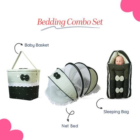 Adorables Baby Hospital Bedding Combo Set 3 in 1 | Light Green & Dark Green | Bow, Pearls & Lace Design | Cotton & Recron | Hospital Bed, Sleeping Bag & Basket (Large)