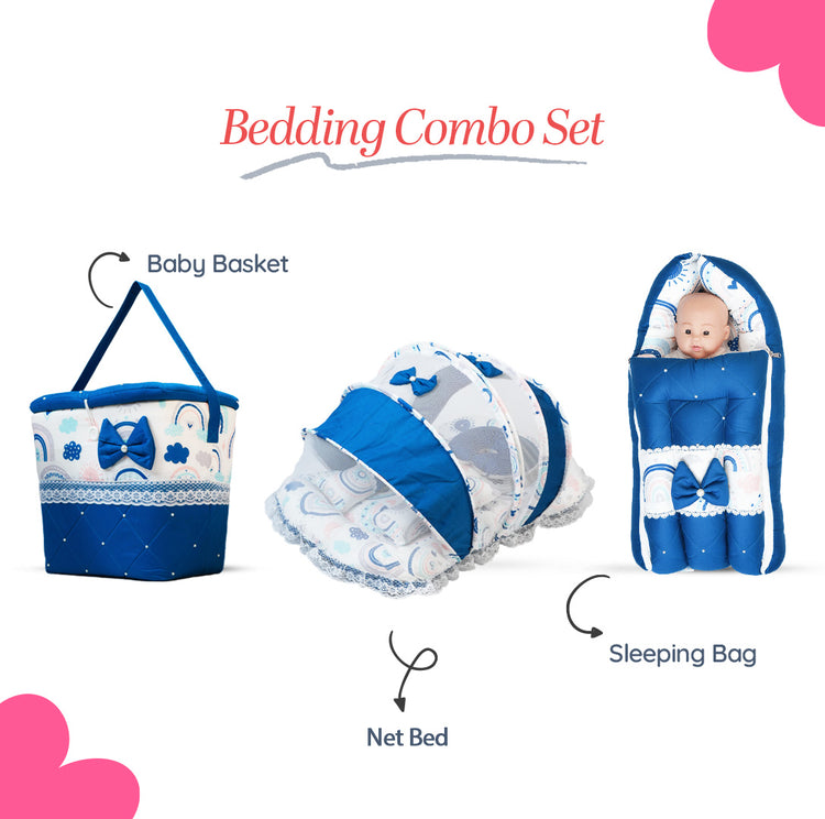 Adorables Baby Hospital Bedding Combo Set 3 in 1 | Royal Blue & White | Rainbow Print, Bow, Pearls & Lace | Cotton & Recron | Hospital Bed, Sleeping Bag & Basket (Large)