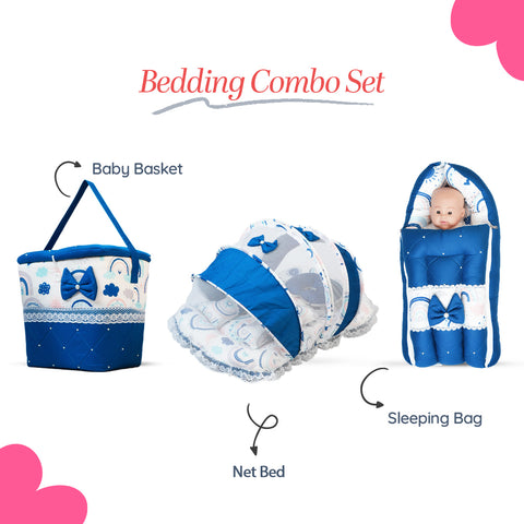 Adorables Baby Hospital Bedding Combo Set 3 in 1 | Royal Blue & White | Rainbow Print, Bow, Pearls & Lace | Cotton & Recron | Hospital Bed, Sleeping Bag & Basket (Large)