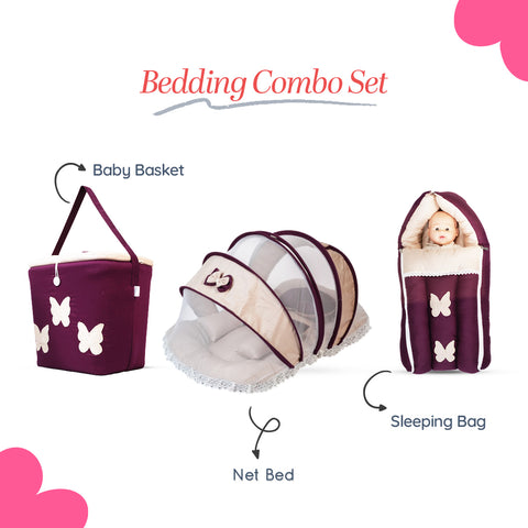 Adorables Baby Hospital Bedding Combo Set 3 in 1 | Purple & Beige | Butterfly & Double Bow Design, Lace Work | Cotton & Recron | Hospital Bed, Sleeping Bag & Basket (Large)