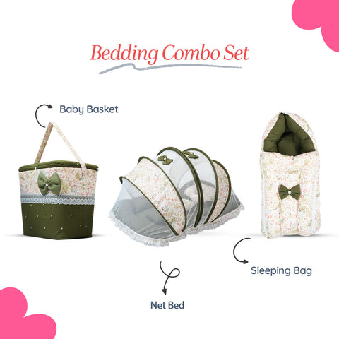 Adorables Baby Hospital Bedding Combo Set 3 in 1 | Olive Green & Off White | Leaf Print, Bow & Lace Work | Cotton & Recron | Hospital Bed, Baby Holder & Basket (Large)