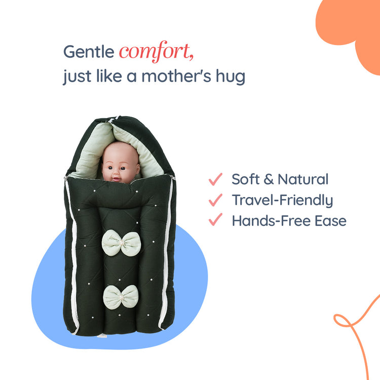 Adorables Baby Sleeping Bag – Light Green & Dark Green | Bow & Pearls Work | Soft Cotton & Recron