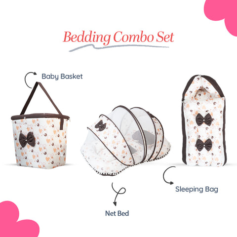 Adorables Baby Hospital Bedding Combo Set 3 in 1 | Dark Coffee & White | Heart Print, Bow & Lace Work | Cotton & Recron | Hospital Bed, Baby Holder & Basket (Large)