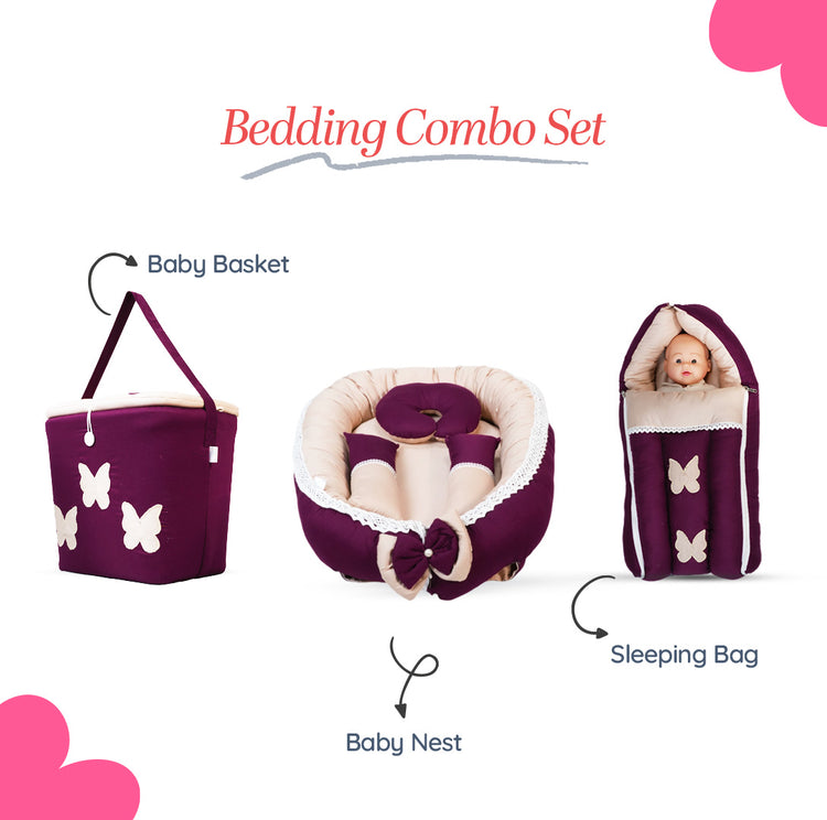 Adorables Baby Nest Bedding Combo Set 3 in 1 | Purple & Beige | Butterfly Embroidery | Cotton & Recron | With Nest Bed, Basket (L) & Sleeping Bag