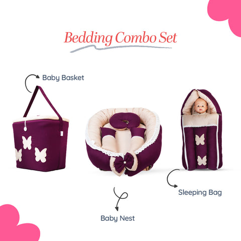 Adorables Baby Nest Bedding Combo Set 3 in 1 | Purple & Beige | Butterfly Embroidery | Cotton & Recron | With Nest Bed, Basket (L) & Sleeping Bag