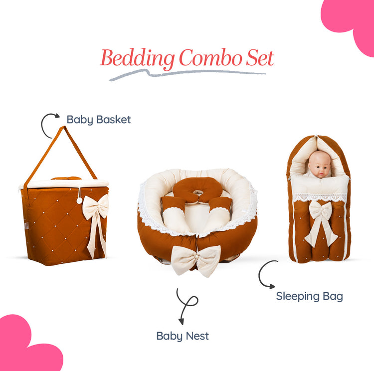 Adorables Baby Nest Bedding Combo Set 3 in 1 | Coffee & Off White | Check & Bow Work Design | Cotton & Recron | With Nest Bed, Basket (L) & Sleeping Bag