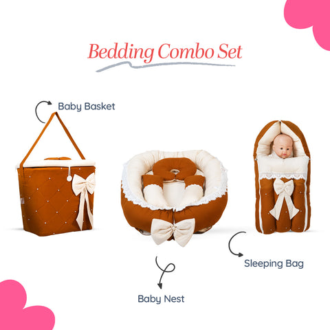 Adorables Baby Nest Bedding Combo Set 3 in 1 | Coffee & Off White | Check & Bow Work Design | Cotton & Recron | With Nest Bed, Basket (L) & Sleeping Bag