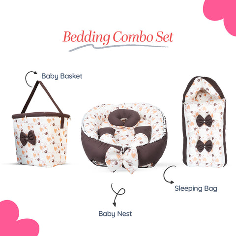 Adorables Baby Nest Bedding Combo Set 3 in 1 | Dark Coffee & White | Heart Print & Lace Design | Cotton & Recron | With Nest Bed, Basket (L) & Sleeping Bag