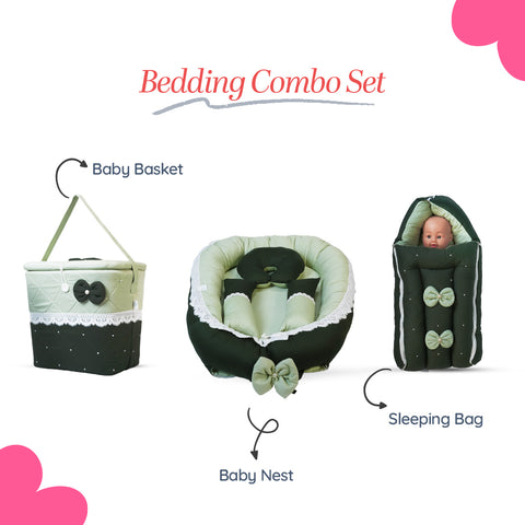 Adorables Baby Nest Bedding Combo Set 3 in 1 | Light Green & Dark Green | Bow, Pearl & Lace Design | Cotton & Recron | With Nest Bed, Basket (L) & Sleeping Bag