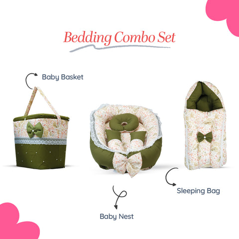Adorables Baby Nest Bedding Combo Set 3 in 1 | Olive Green & Off White | Leaf Print, Bow & Lace Work | Cotton & Recron | With Nest Bed, Basket (L) & Sleeping Bag