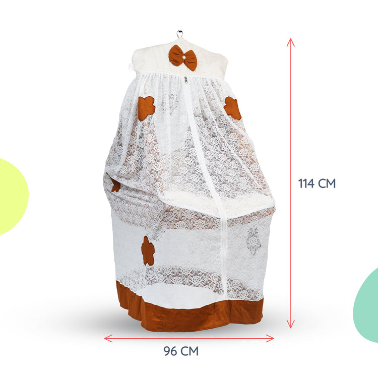 Adorables Bed Cradle | Coffee & Off White | Cotton with Recron | Flower Embroidery | Includes Star Hangings and Removable Net