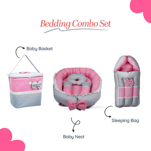 Adorables Baby Nest Bedding Combo Set 3 in 1| Grey & Pink | Bow, Lace & Pearl Work | Cotton & Recron | With Nest Bed, Basket (L) & Sleeping Bag